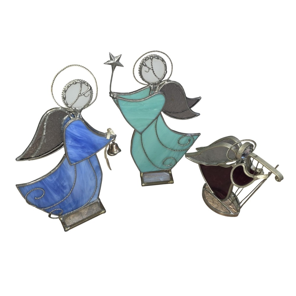 Unmarked Stained Glass Angel Figurines Lot 3 Multicolor Metal Christmas Decor